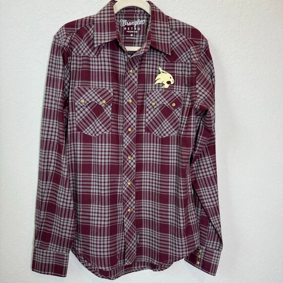 Men's Wrangler Retro Maroon Plaid Embroidered Bobcat Texas State Size M - Picture 1 of 8